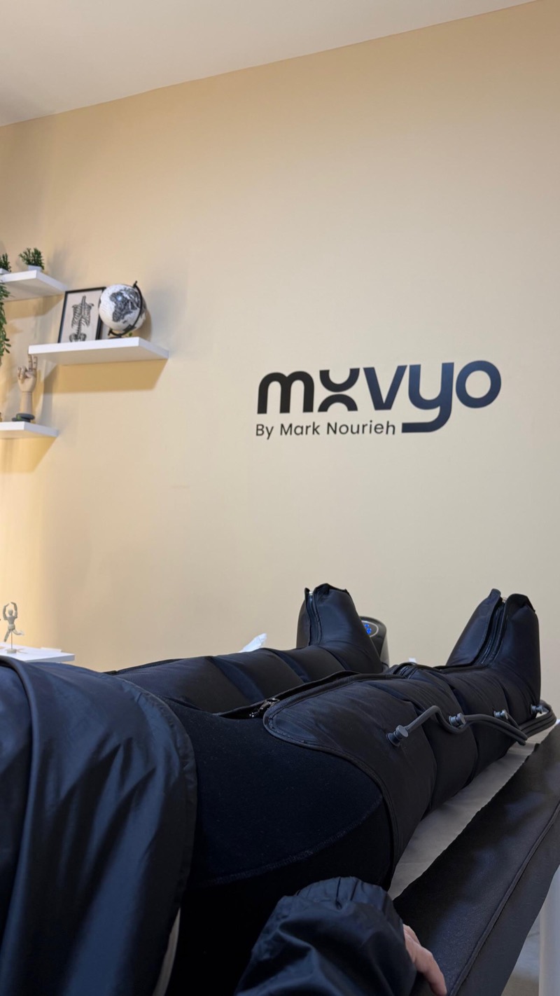 Patient in compression recovery boots under the Movyo logo